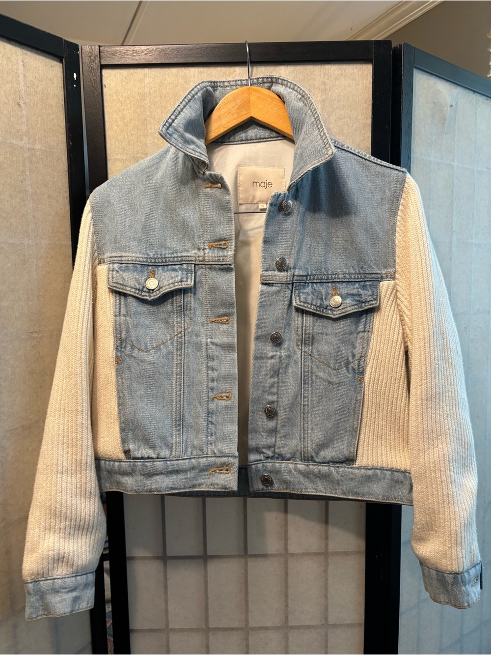 MAJE Mixed-Material Denim & Knit Hybrid Cropped Cotton Blend Jacket